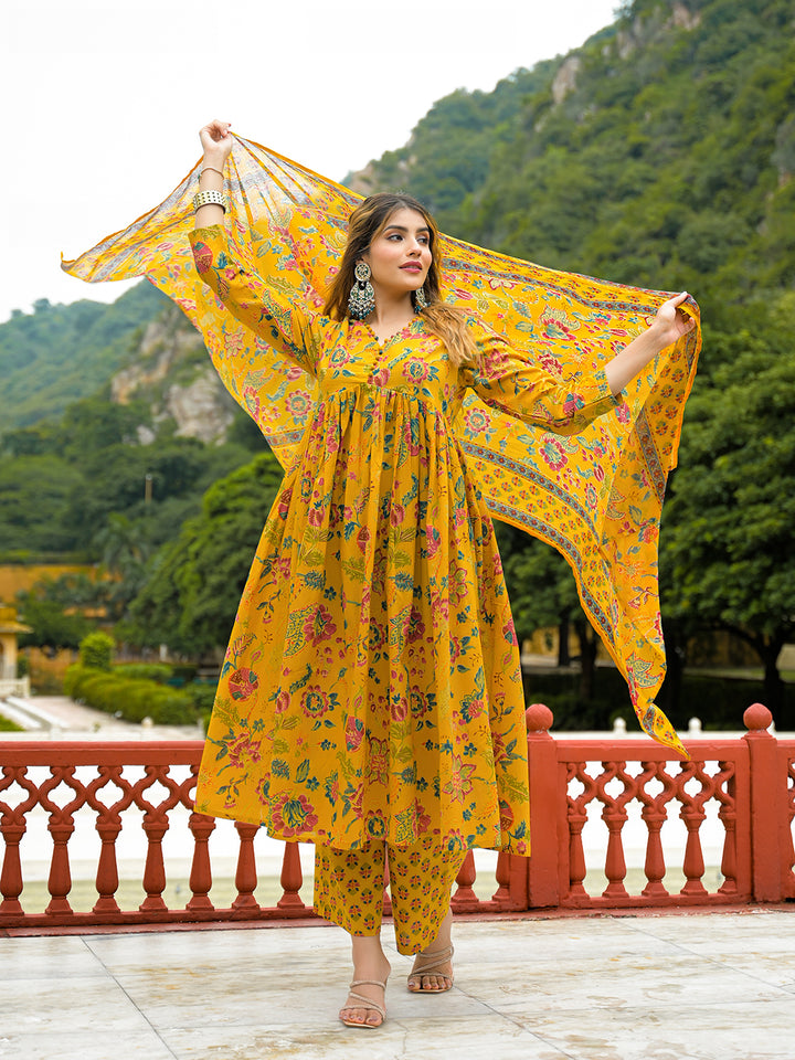 Divena Mustard Floral Print Cotton Anarkali Kurta Pant Set With Dupatta