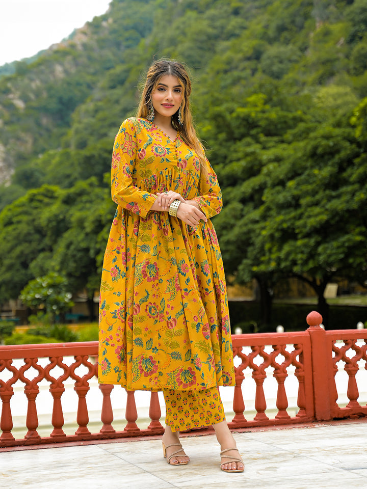 Divena Mustard Floral Print Cotton Anarkali Kurta Pant Set With Dupatta