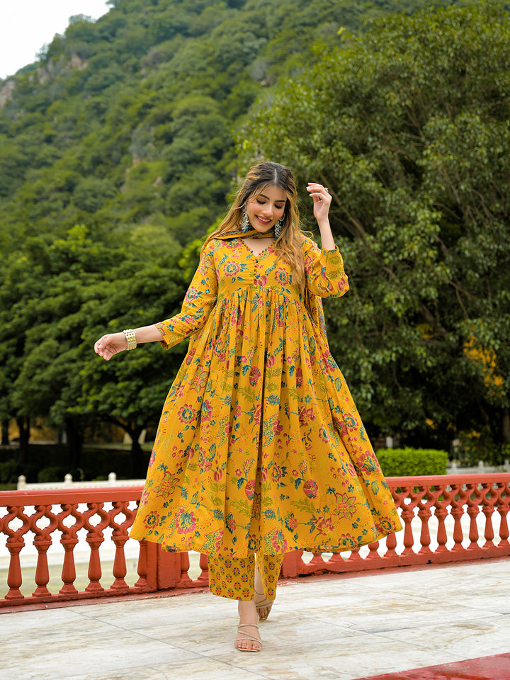 Divena Mustard Floral Print Cotton Anarkali Kurta Pant Set With Dupatta