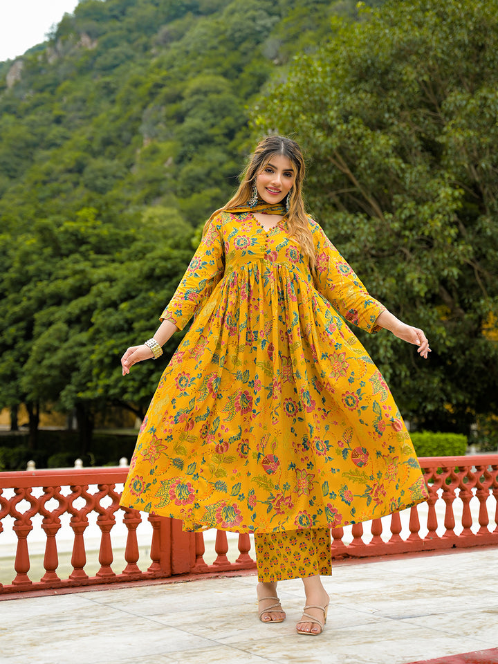 Divena Mustard Floral Print Cotton Anarkali Kurta Pant Set With Dupatta