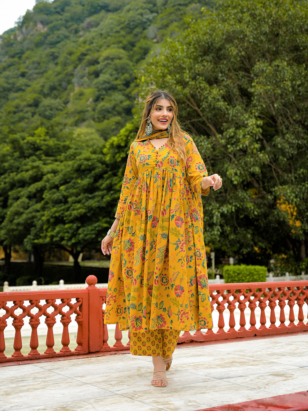 Divena Mustard Floral Print Cotton Anarkali Kurta Pant Set With Dupatta