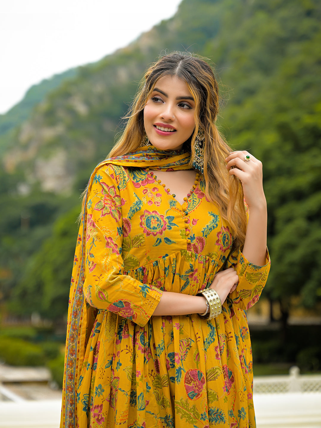 Divena Mustard Floral Print Cotton Anarkali Kurta Pant Set With Dupatta
