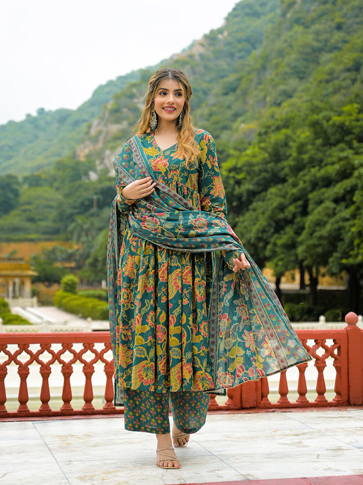 Divena Dark Green Cotton Straight Kurta Pant With Dupatta