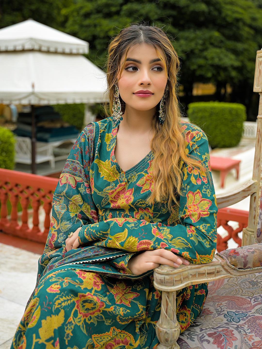 Divena Dark Green Cotton Straight Kurta Pant With Dupatta