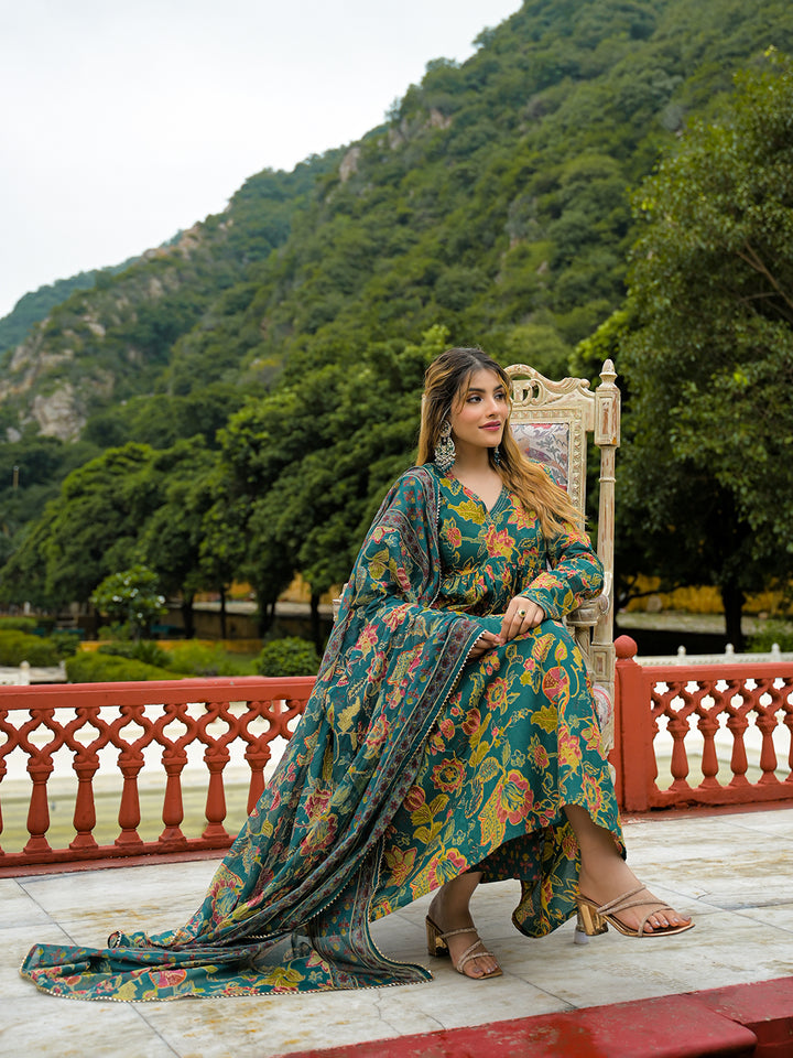 Divena Dark Green Cotton Straight Kurta Pant With Dupatta