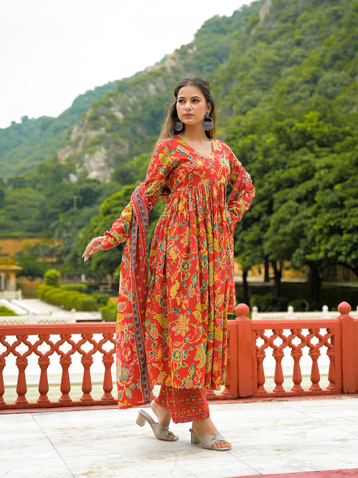 Divena Red Cotton Straight Kurta Pant With Dupatta