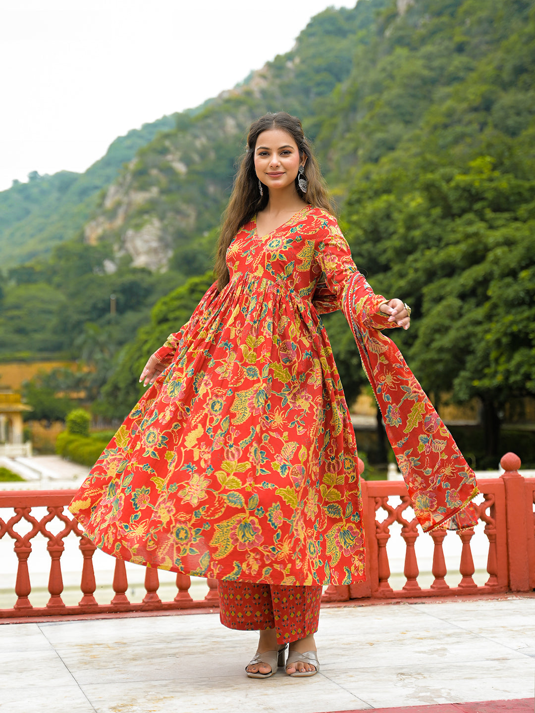 Divena Red Cotton Straight Kurta Pant With Dupatta