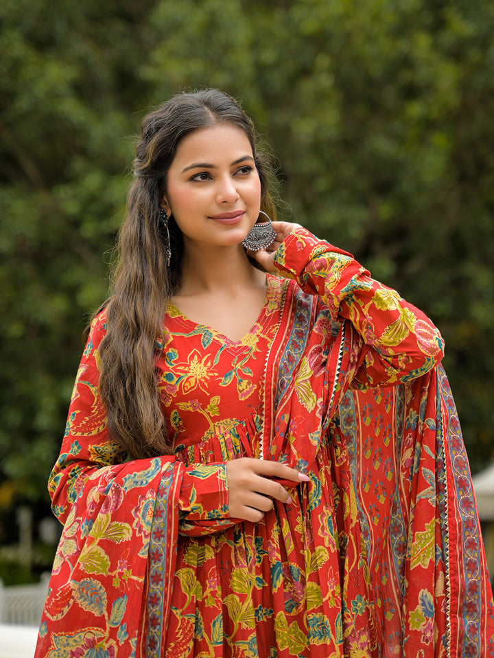 Divena Red Cotton Straight Kurta Pant With Dupatta