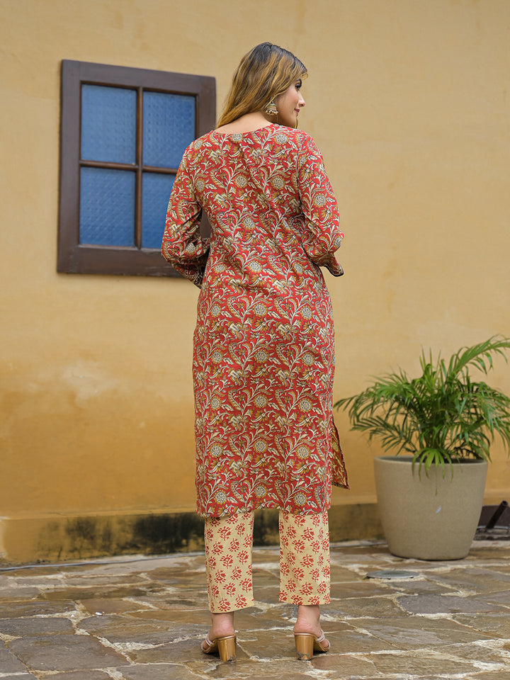 Divena Maroon Hand Block Cotton Straight Kurta Pant With Dupatta