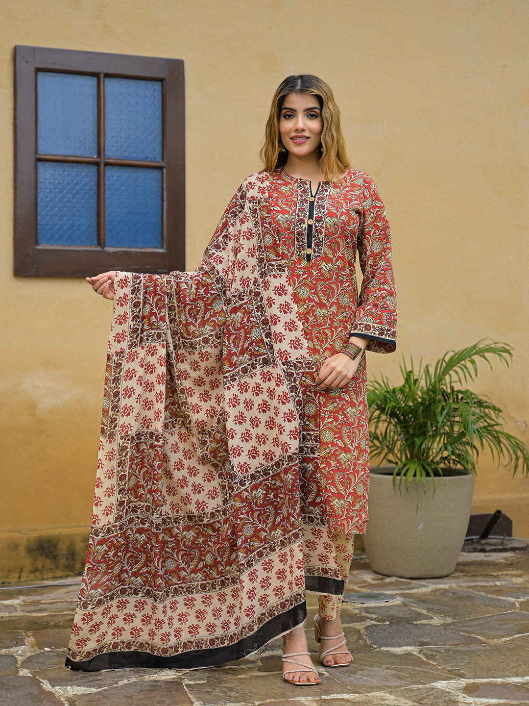 Divena Maroon Hand Block Cotton Straight Kurta Pant With Dupatta