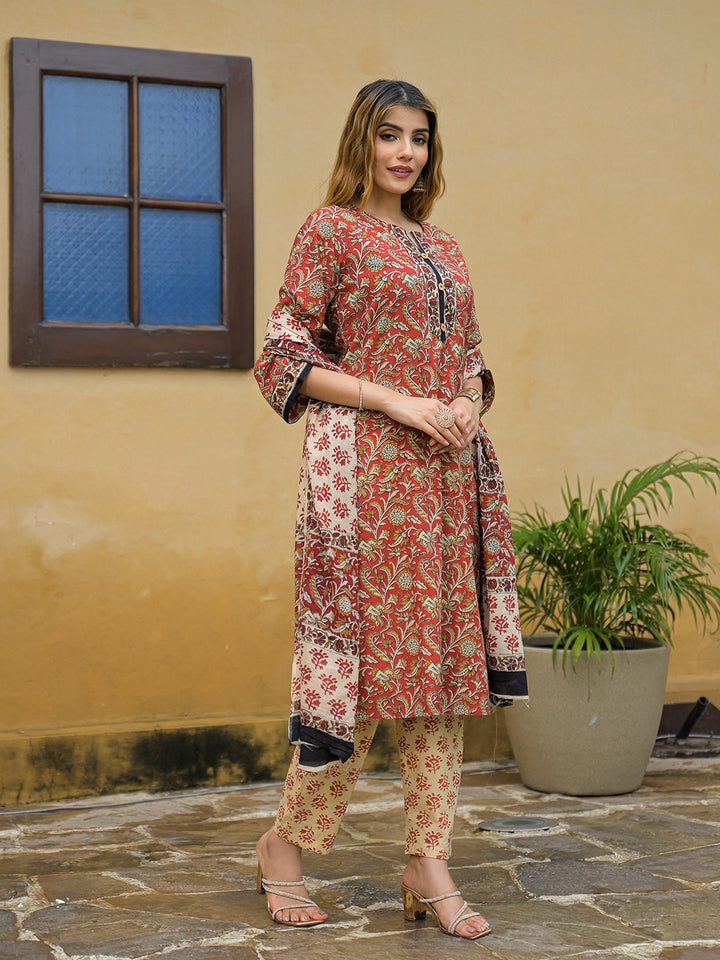 Divena Maroon Hand Block Cotton Straight Kurta Pant With Dupatta
