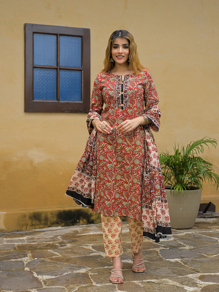 Divena Maroon Hand Block Cotton Straight Kurta Pant With Dupatta