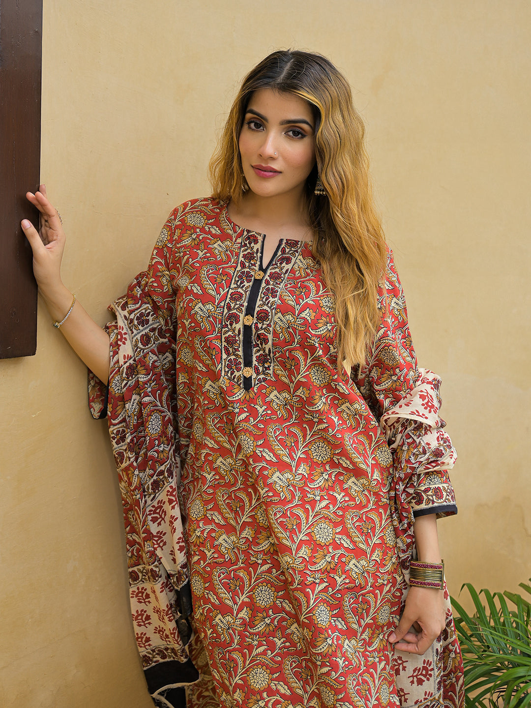 Divena Maroon Hand Block Cotton Straight Kurta Pant With Dupatta