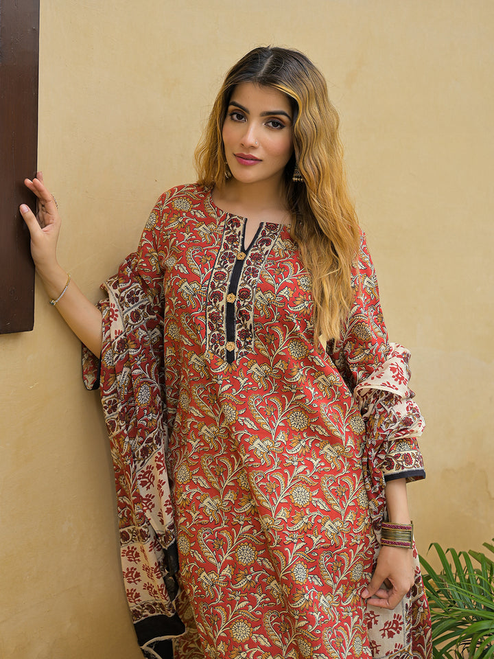 Divena Maroon Hand Block Cotton Straight Kurta Pant With Dupatta