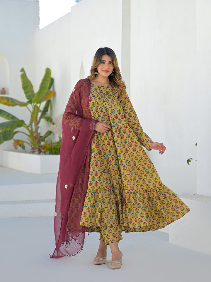 Divena Beige Cotton Round Neck Anarkali Kurta Pant Set With Kota Doria Dupatta