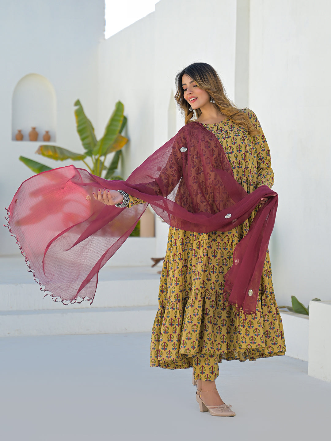 Divena Beige Cotton Round Neck Anarkali Kurta Pant Set With Kota Doria Dupatta