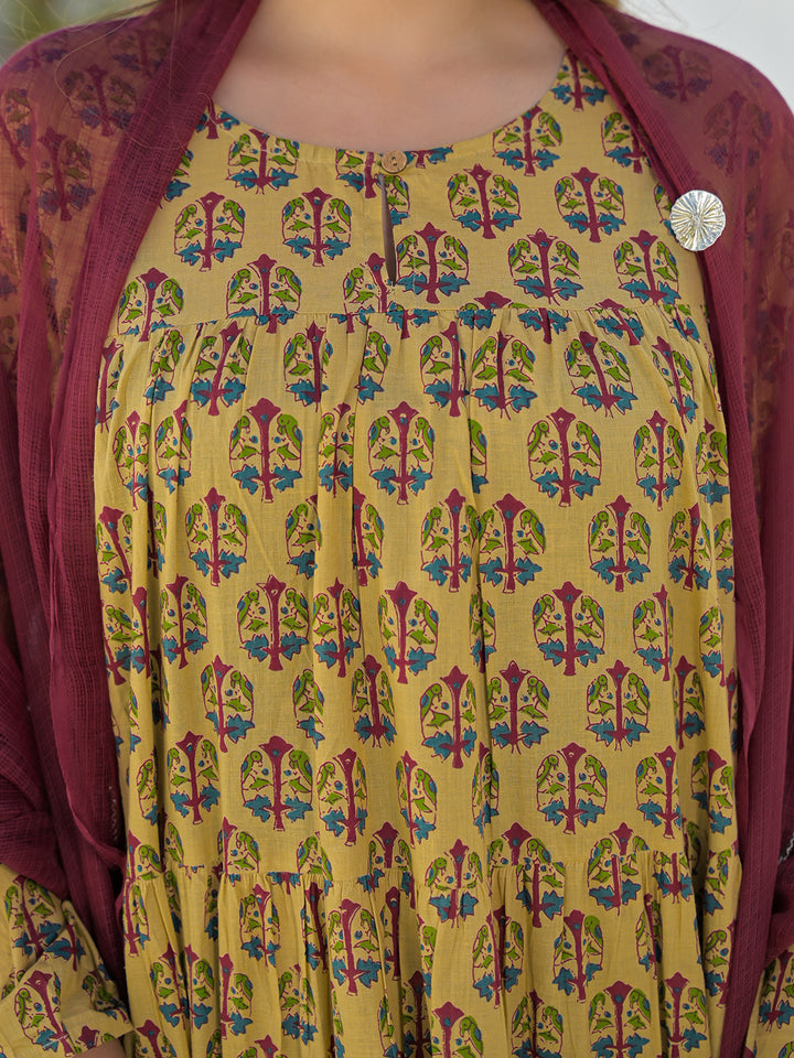 Divena Beige Cotton Round Neck Anarkali Kurta Pant Set With Kota Doria Dupatta