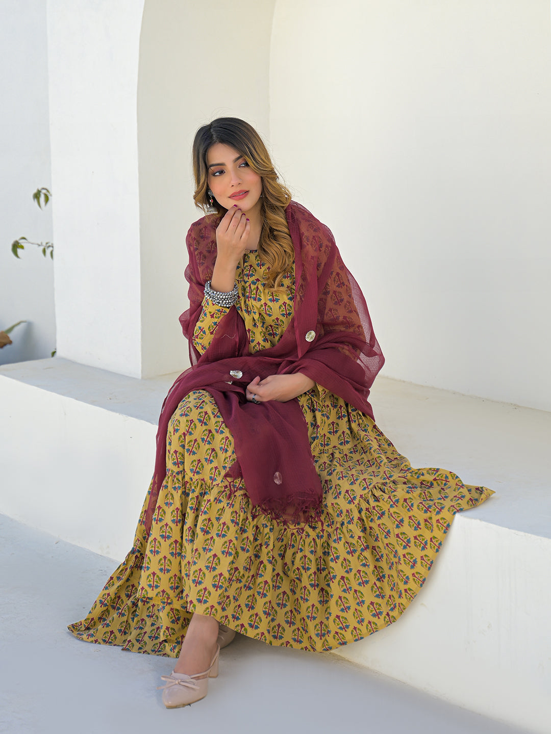Divena Beige Cotton Round Neck Anarkali Kurta Pant Set With Kota Doria Dupatta