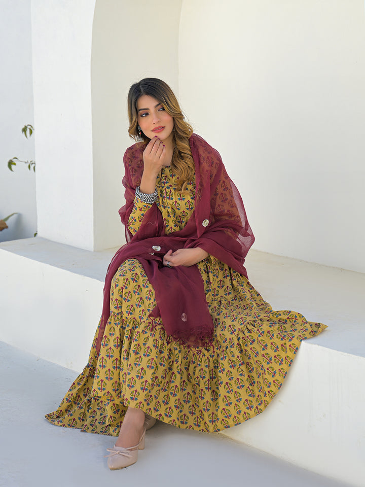 Divena Beige Cotton Round Neck Anarkali Kurta Pant Set With Kota Doria Dupatta