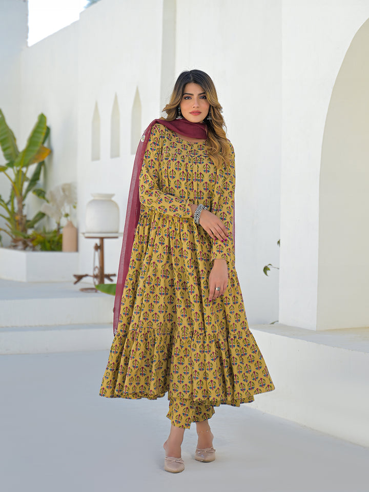 Divena Beige Cotton Round Neck Anarkali Kurta Pant Set With Kota Doria Dupatta