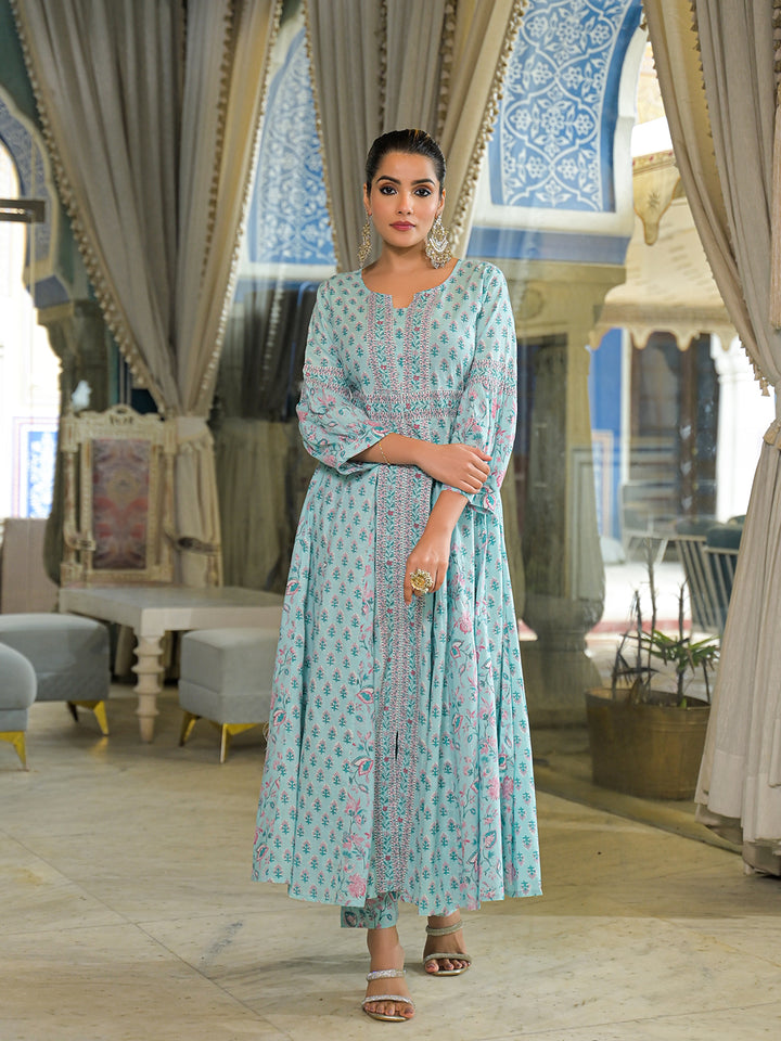 Divena Sky Blue  Ethnic Motif Cotton Anarkali Kurta Pant With Dupatta
