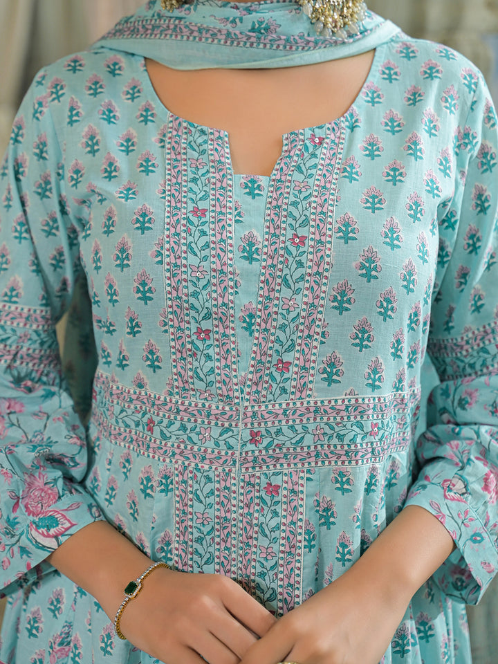Divena Sky Blue  Ethnic Motif Cotton Anarkali Kurta Pant With Dupatta