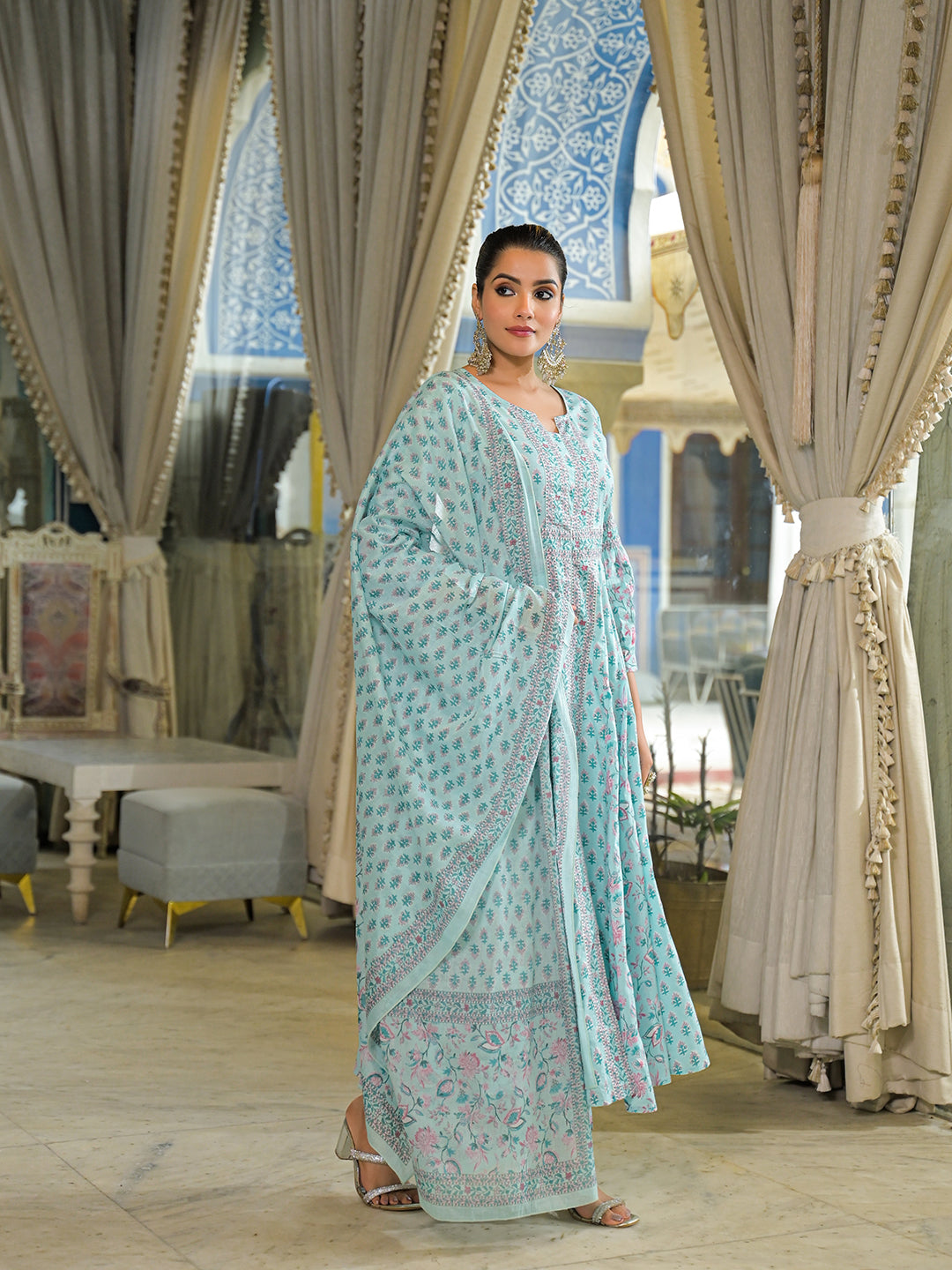 Divena Sky Blue  Ethnic Motif Cotton Anarkali Kurta Pant With Dupatta