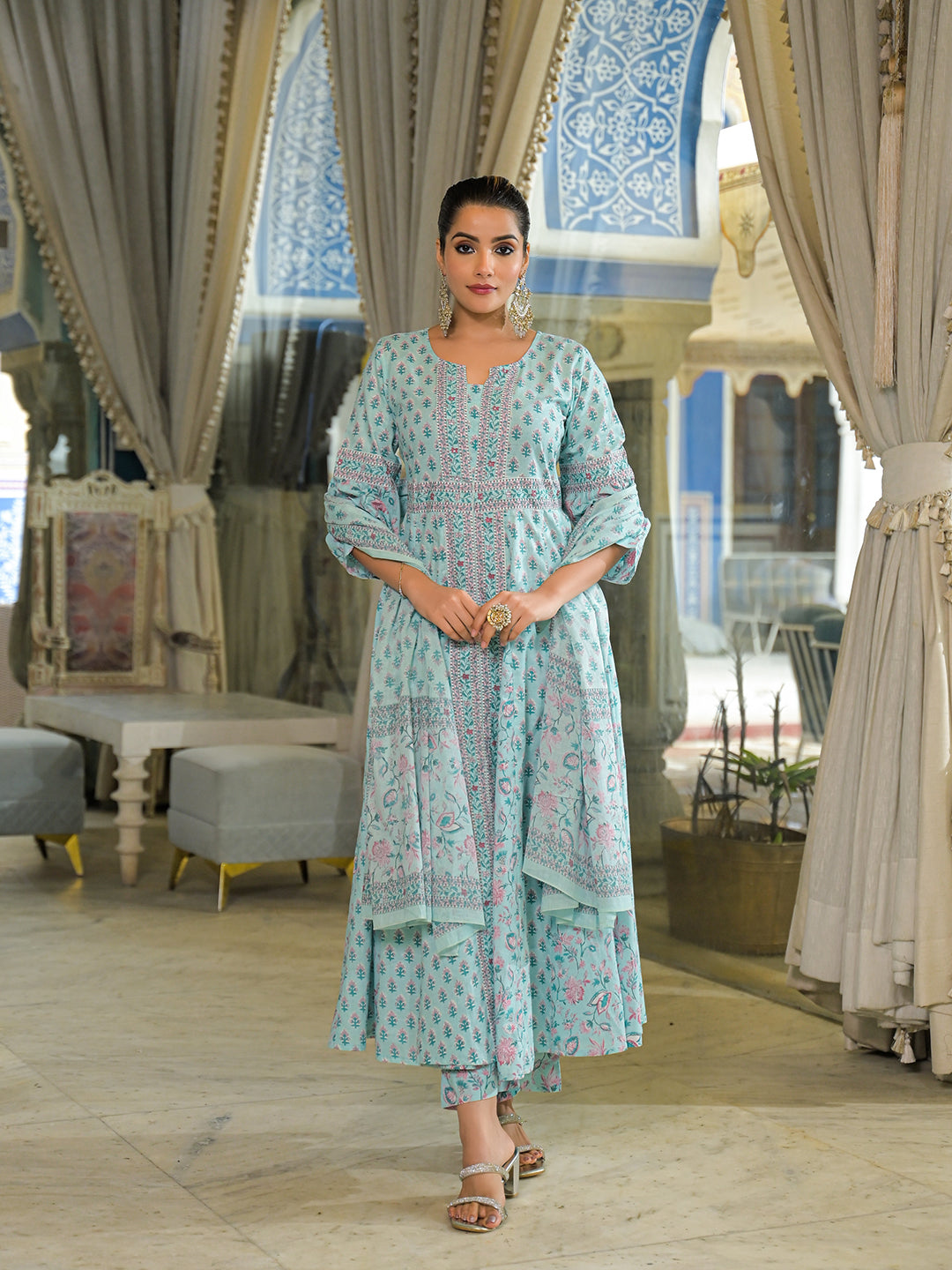 Divena Sky Blue  Ethnic Motif Cotton Anarkali Kurta Pant With Dupatta