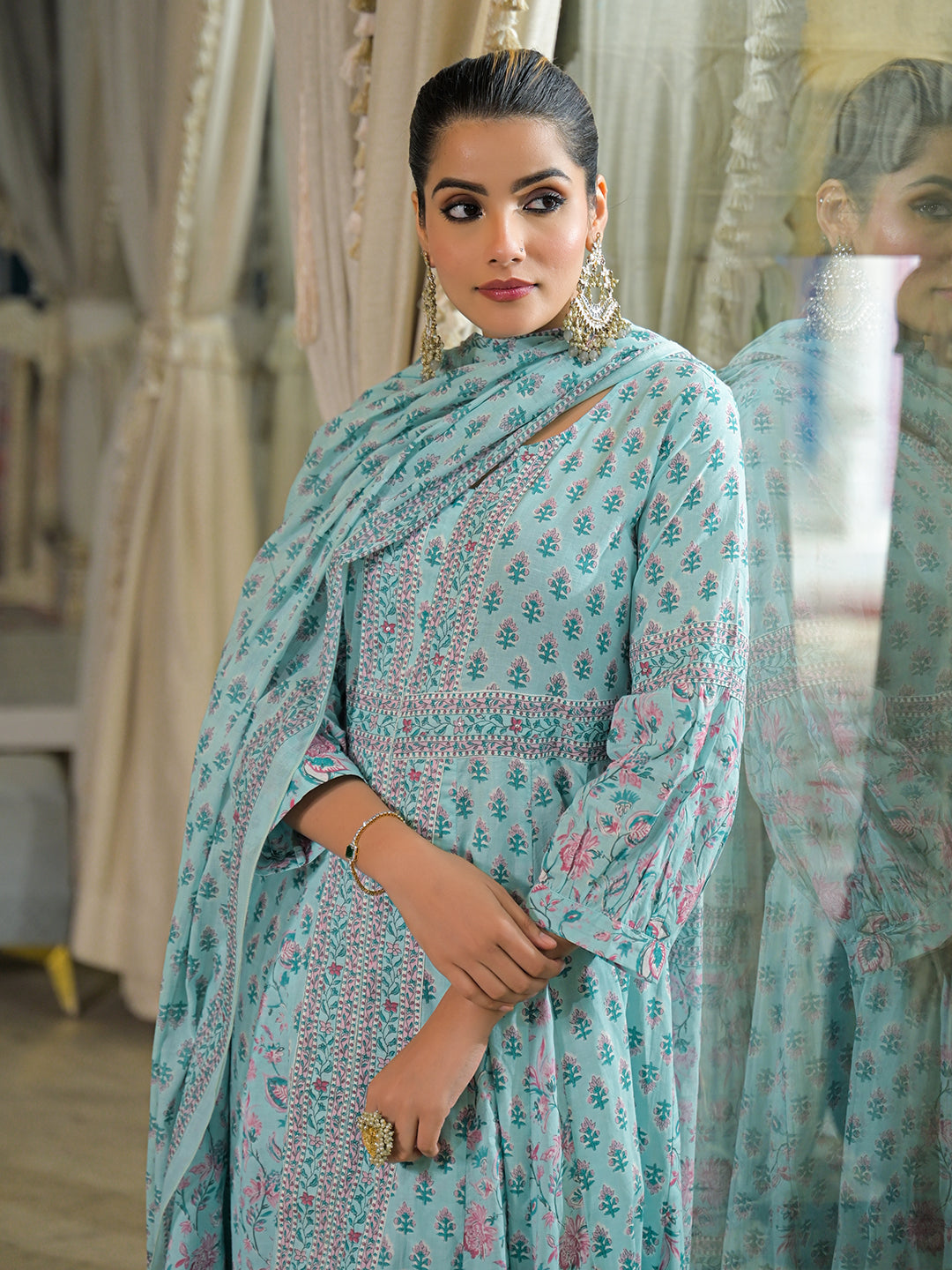 Divena Sky Blue  Ethnic Motif Cotton Anarkali Kurta Pant With Dupatta