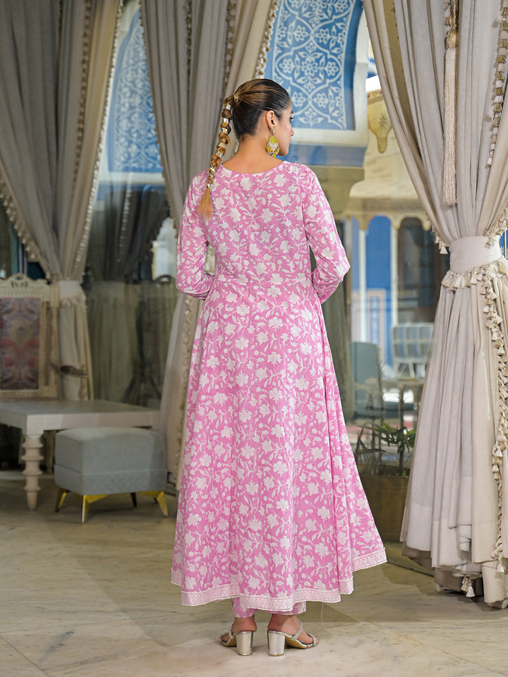 Divena Pink Hand Block Cotton Anarkali Kurta Pant With Dupatta