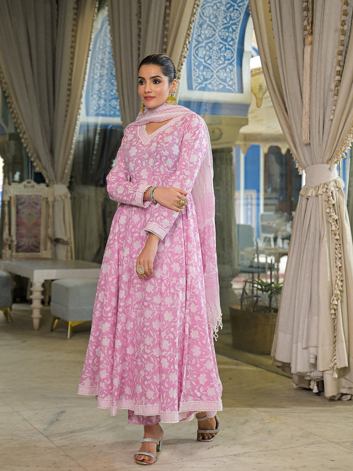 Divena Pink Hand Block Cotton Anarkali Kurta Pant With Dupatta