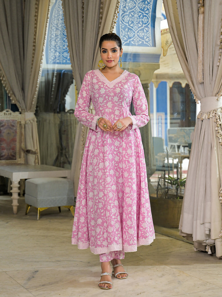 Divena Pink Hand Block Cotton Anarkali Kurta Pant With Dupatta