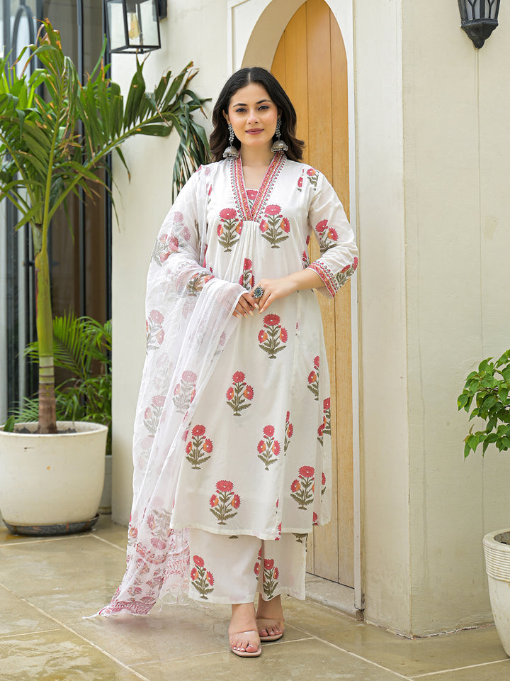 Divena White Cotton Hand Block A-Line Kurta Pant Sets With Dupatta