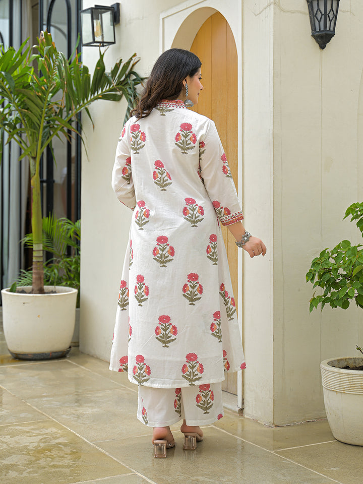 Divena White Cotton Hand Block A-Line Kurta Pant Sets With Dupatta
