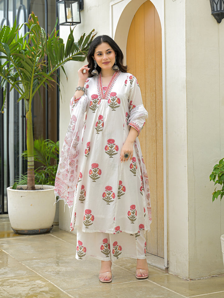 Divena White Cotton Hand Block A-Line Kurta Pant Sets With Dupatta