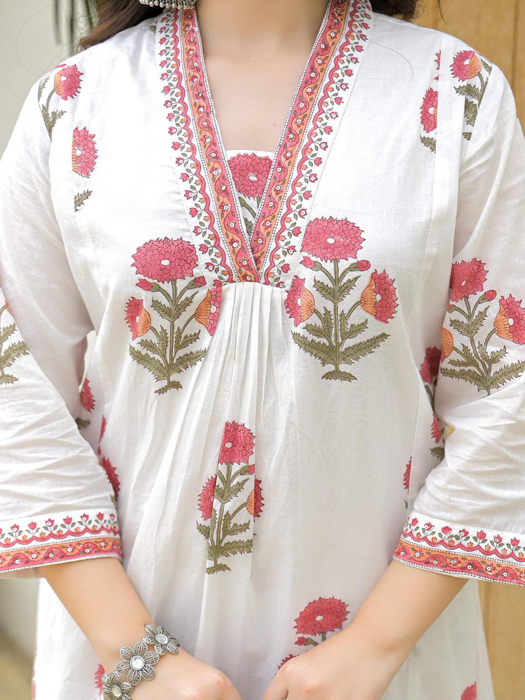 Divena White Cotton Hand Block A-Line Kurta Pant Sets With Dupatta