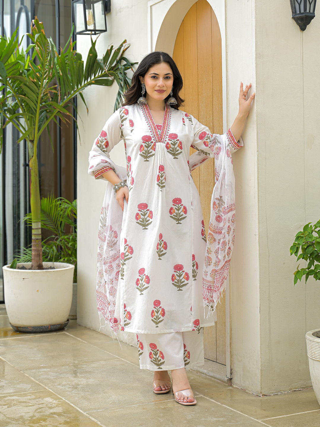 Divena White Cotton Hand Block A-Line Kurta Pant Sets With Dupatta