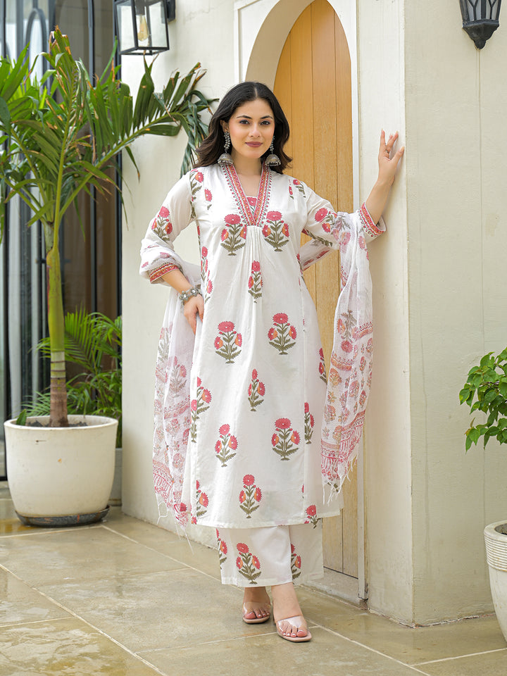 Divena White Cotton Hand Block A-Line Kurta Pant Sets With Dupatta