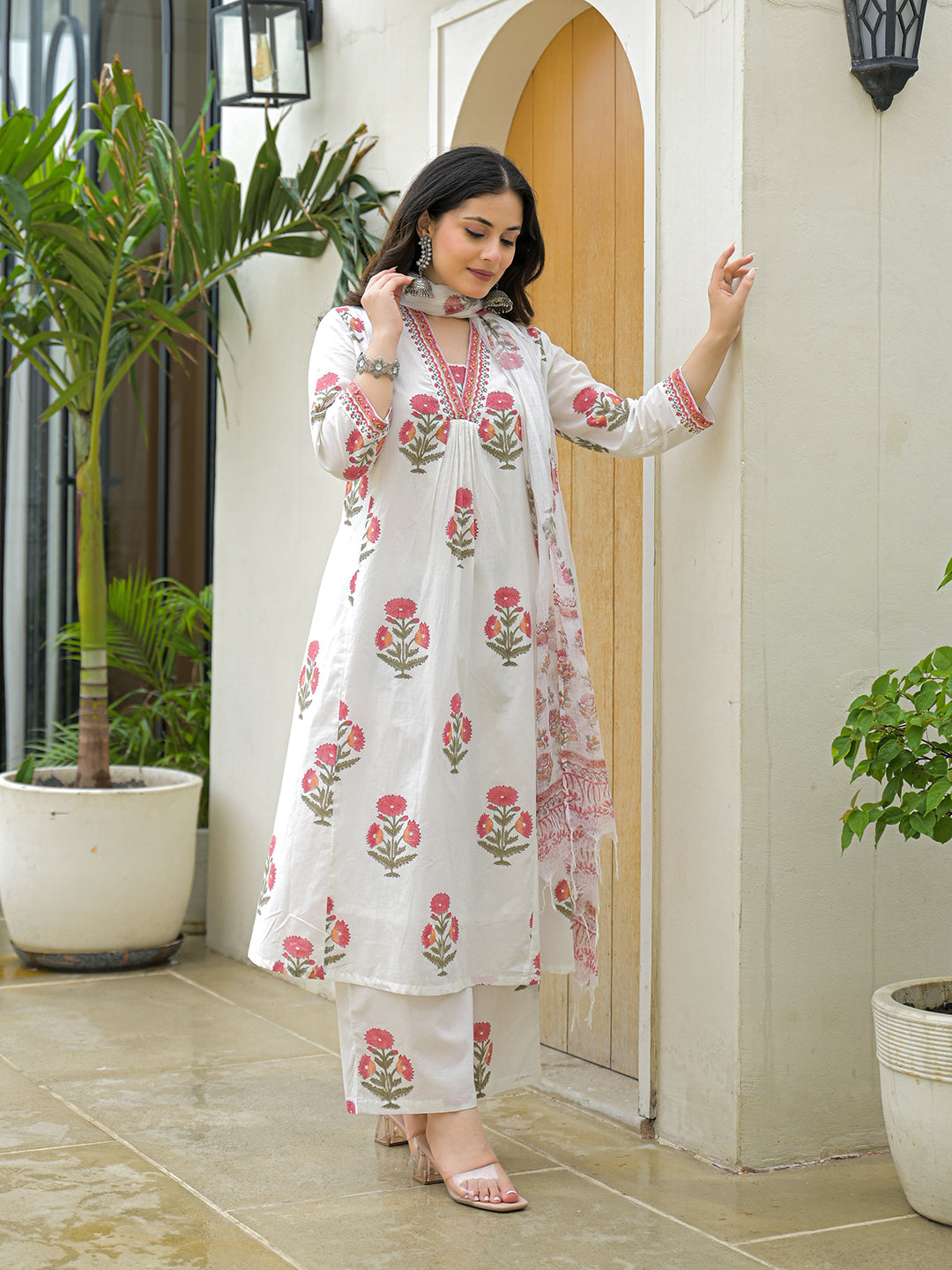 Divena White Cotton Hand Block A-Line Kurta Pant Sets With Dupatta