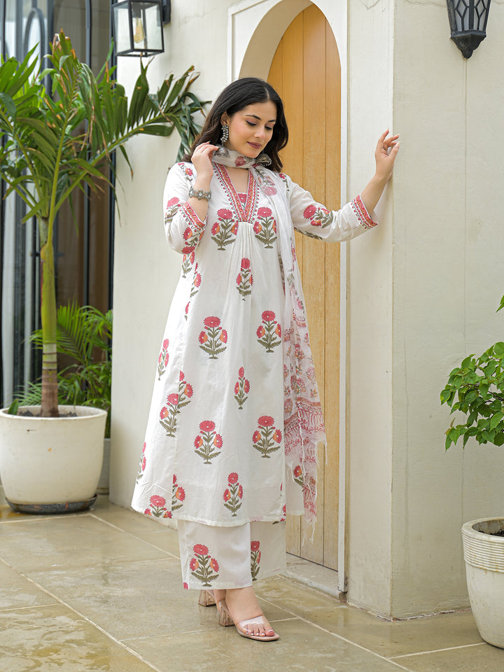 Divena White Cotton Hand Block A-Line Kurta Pant Sets With Dupatta