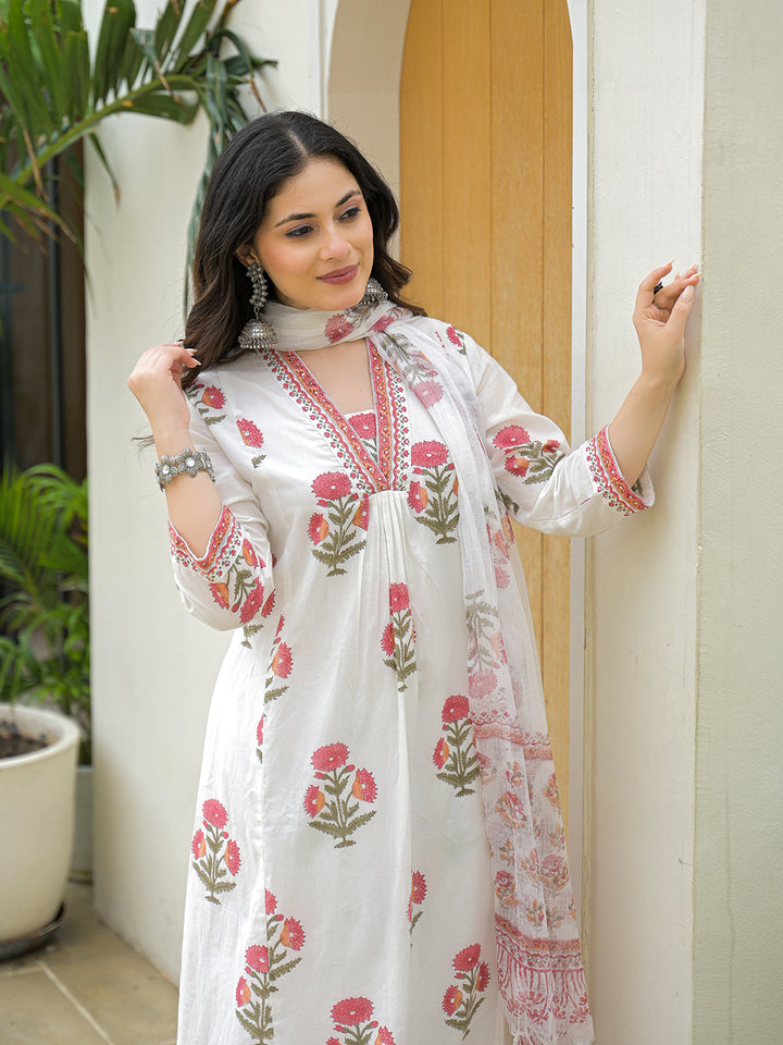 Divena White Cotton Hand Block A-Line Kurta Pant Sets With Dupatta