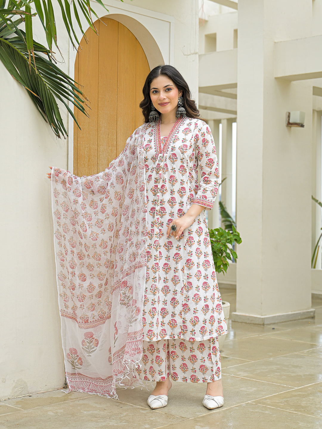 White Cotton Hand Block A-Line Kurta Pant Sets With Dupatta — view 1