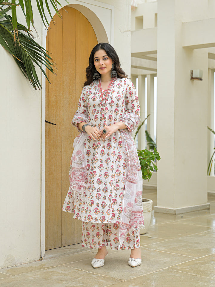 Divena White Cotton Hand Block A-Line Kurta Pant Sets With Dupatta