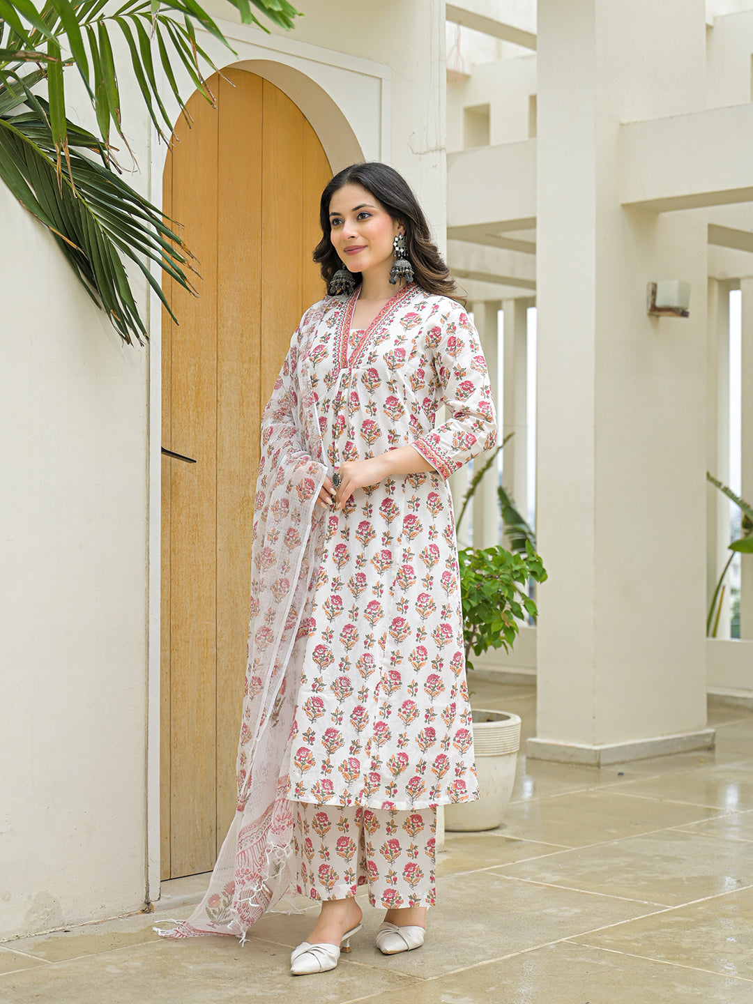 Divena White Cotton Hand Block A-Line Kurta Pant Sets With Dupatta