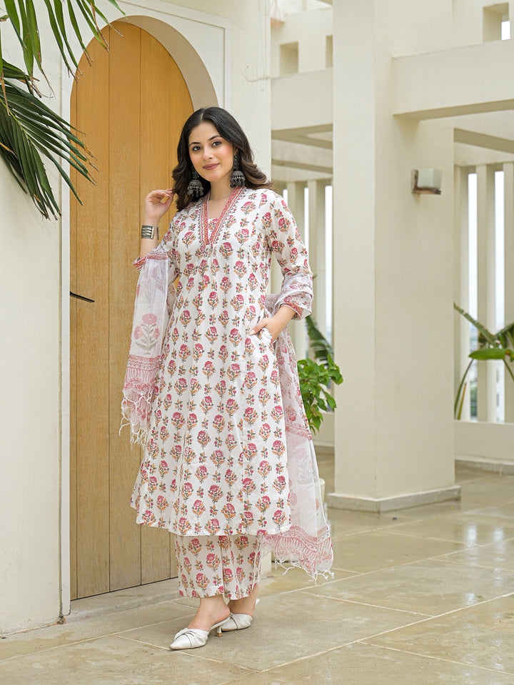 Divena White Cotton Hand Block A-Line Kurta Pant Sets With Dupatta