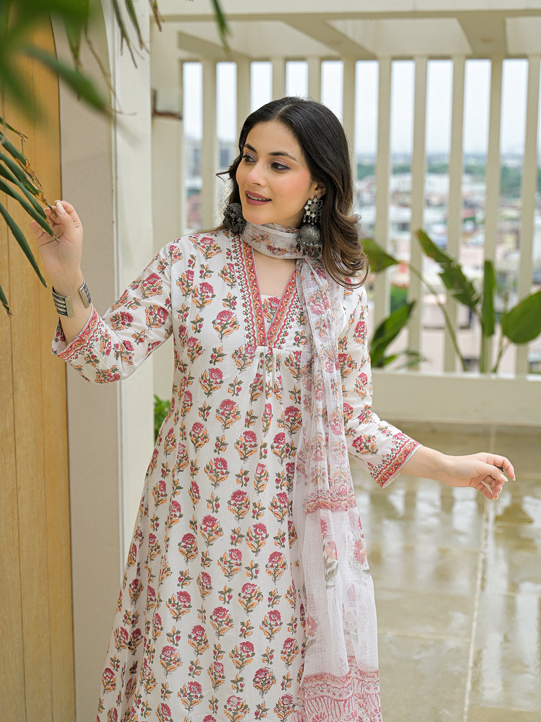 Divena White Cotton Hand Block A-Line Kurta Pant Sets With Dupatta