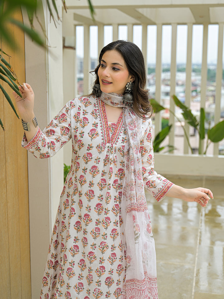 Divena White Cotton Hand Block A-Line Kurta Pant Sets With Dupatta