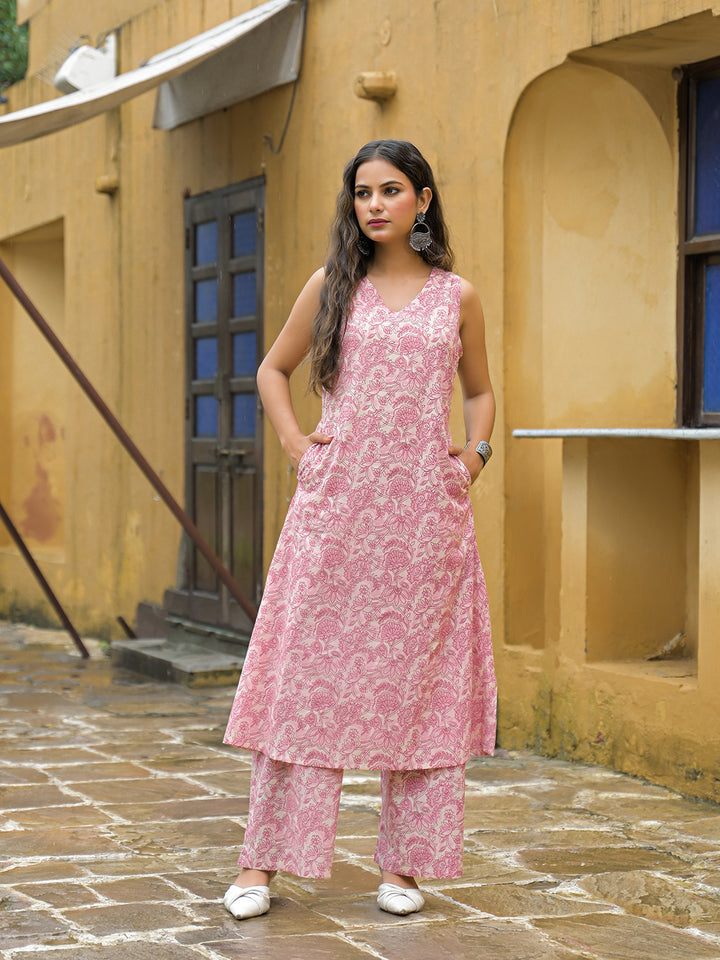 Divena Pink Floral Print A-Line Cotton Kurta Pant Sets