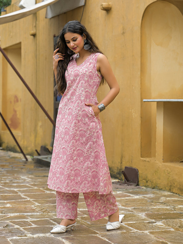 Divena Pink Floral Print A-Line Cotton Kurta Pant Sets