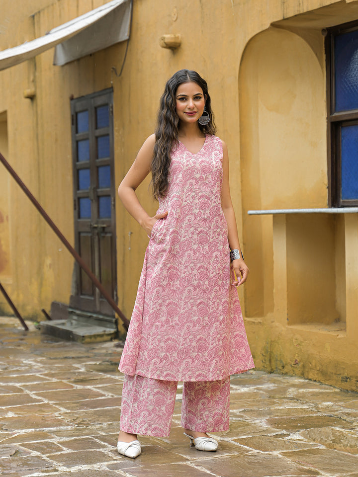 Divena Pink Floral Print A-Line Cotton Kurta Pant Sets